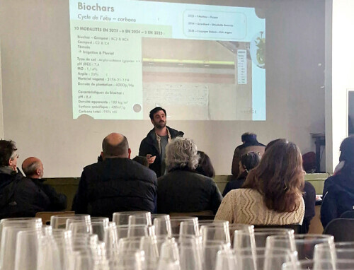 A man stands in front of a projected slide about biochars, speaking to an audience seated in a village hall, with rows of empty plastic wine glasses blurred in the foreground.